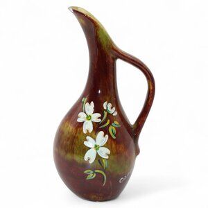 Vintage Ozarks Ceramic Pitcher With Dogwood Flower Design & Green/Brown Glaze Ho